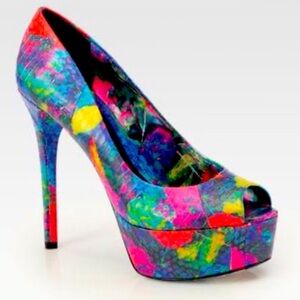 Brian Atwood Bamola Multicolored Snakeprint Peep Toe Platform Heels 8